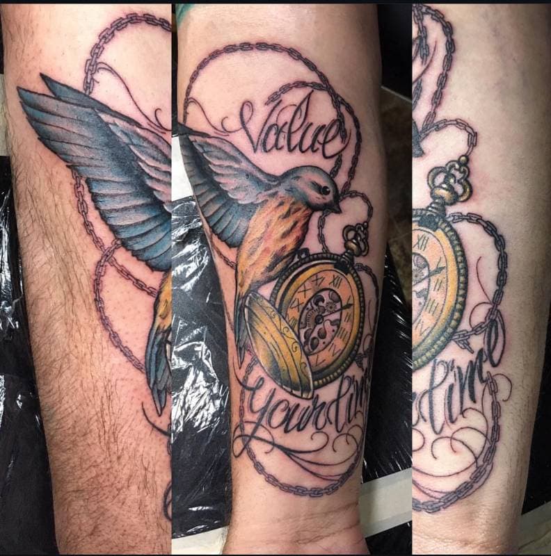 Colorful Neo Traditional bird and watch tattoo on forearm